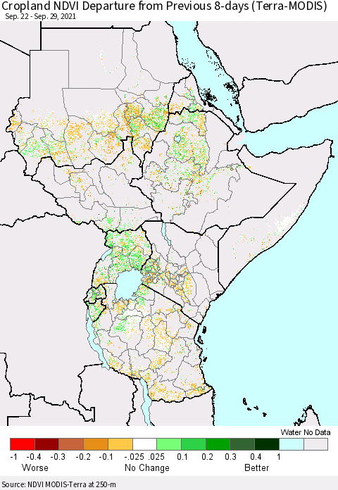Eastern Africa Cropland NDVI Departure from Previous 8-days (Terra-MODIS) Thematic Map For 9/22/2021 - 9/29/2021