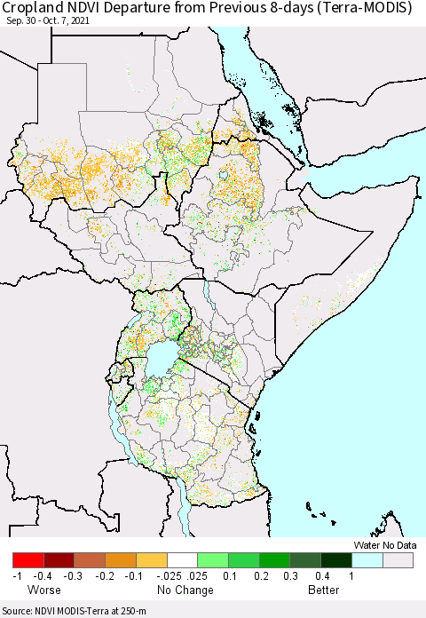 Eastern Africa Cropland NDVI Departure from Previous 8-days (Terra-MODIS) Thematic Map For 9/30/2021 - 10/7/2021