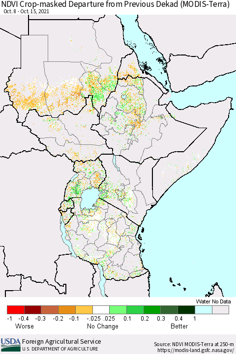 Eastern Africa Cropland NDVI Departure from Previous Dekad (Terra-MODIS) Thematic Map For 10/11/2021 - 10/20/2021