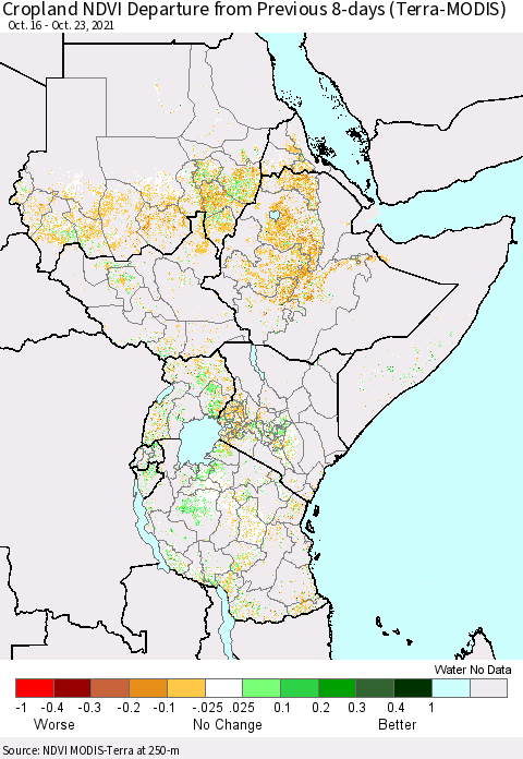 Eastern Africa Cropland NDVI Departure from Previous 8-days (Terra-MODIS) Thematic Map For 10/16/2021 - 10/23/2021