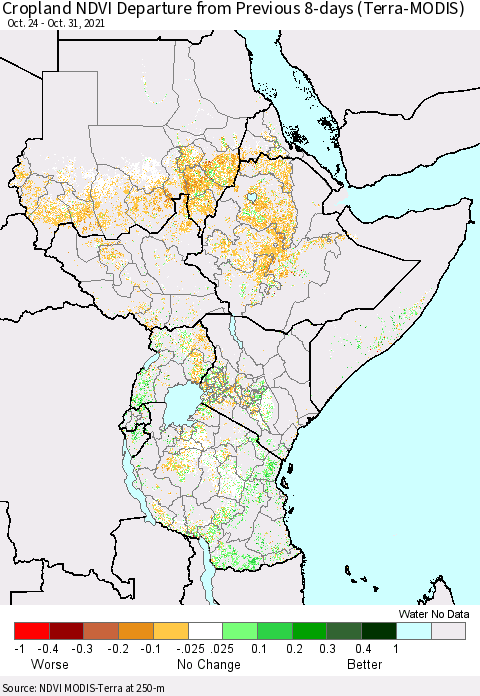 Eastern Africa Cropland NDVI Departure from Previous Dekad (Terra-MODIS) Thematic Map For 10/21/2021 - 10/31/2021