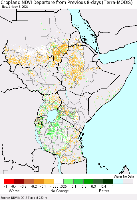 Eastern Africa Cropland NDVI Departure from Previous 8-days (Terra-MODIS) Thematic Map For 11/1/2021 - 11/8/2021
