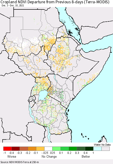 Eastern Africa Cropland NDVI Departure from Previous Dekad (Terra-MODIS) Thematic Map For 12/1/2021 - 12/10/2021