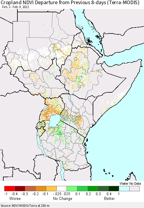 Eastern Africa Cropland NDVI Departure from Previous 8-days (Terra-MODIS) Thematic Map For 2/2/2022 - 2/9/2022