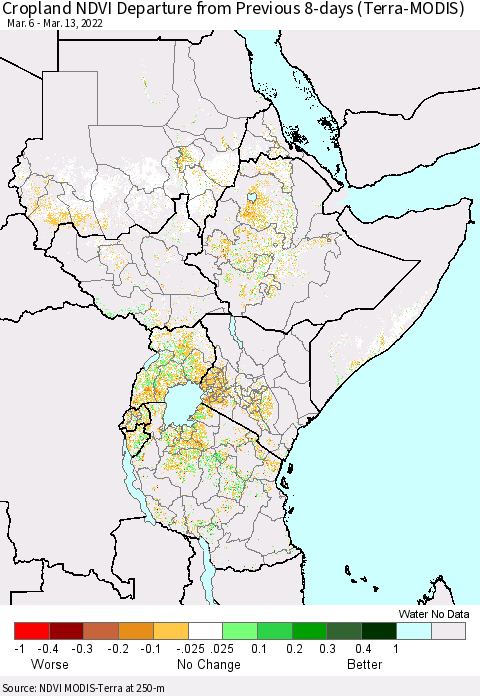 Eastern Africa Cropland NDVI Departure from Previous 8-days (Terra-MODIS) Thematic Map For 3/6/2022 - 3/13/2022
