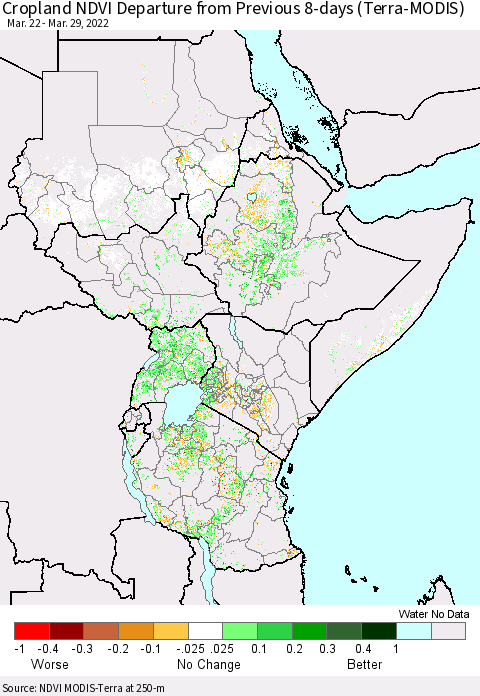 Eastern Africa Cropland NDVI Departure from Previous 8-days (Terra-MODIS) Thematic Map For 3/22/2022 - 3/29/2022
