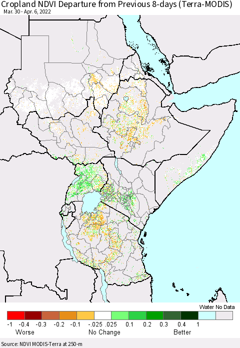 Eastern Africa Cropland NDVI Departure from Previous 8-days (Terra-MODIS) Thematic Map For 3/30/2022 - 4/6/2022