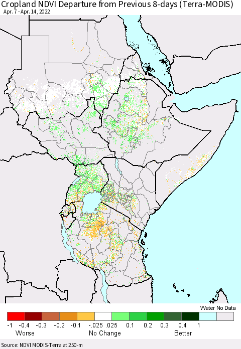 Eastern Africa Cropland NDVI Departure from Previous 8-days (Terra-MODIS) Thematic Map For 4/7/2022 - 4/14/2022
