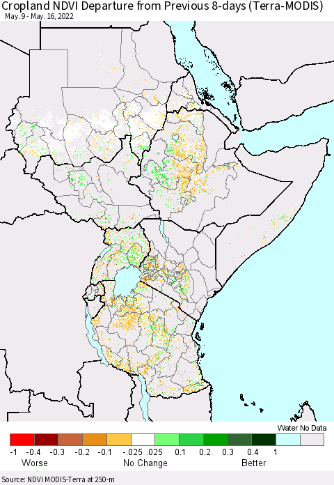 Eastern Africa Cropland NDVI Departure from Previous 8-days (Terra-MODIS) Thematic Map For 5/9/2022 - 5/16/2022