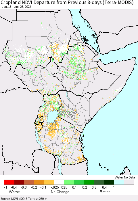 Eastern Africa Cropland NDVI Departure from Previous 8-days (Terra-MODIS) Thematic Map For 6/18/2022 - 6/25/2022