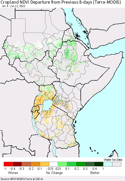 Eastern Africa Cropland NDVI Departure from Previous 8-days (Terra-MODIS) Thematic Map For 7/4/2022 - 7/11/2022