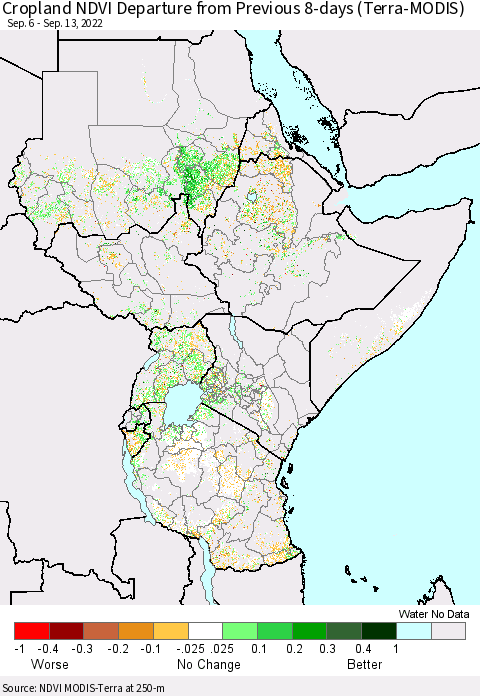 Eastern Africa Cropland NDVI Departure from Previous 8-days (Terra-MODIS) Thematic Map For 9/6/2022 - 9/13/2022
