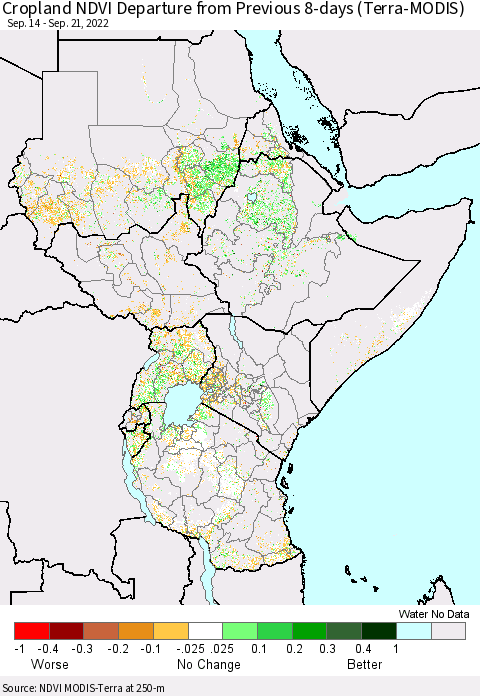 Eastern Africa Cropland NDVI Departure from Previous 8-days (Terra-MODIS) Thematic Map For 9/14/2022 - 9/21/2022