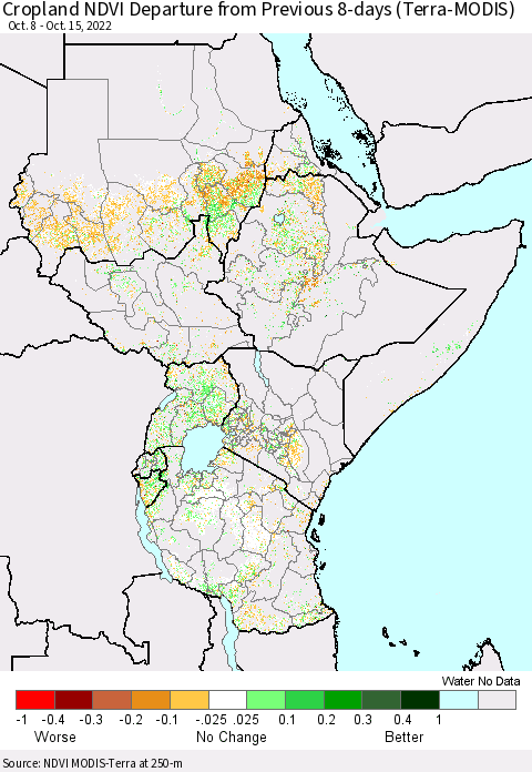 Eastern Africa Cropland NDVI Departure from Previous 8-days (Terra-MODIS) Thematic Map For 10/8/2022 - 10/15/2022