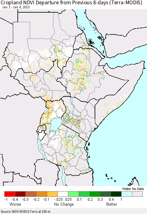 Eastern Africa Cropland NDVI Departure from Previous 8-days (Terra-MODIS) Thematic Map For 1/1/2023 - 1/8/2023