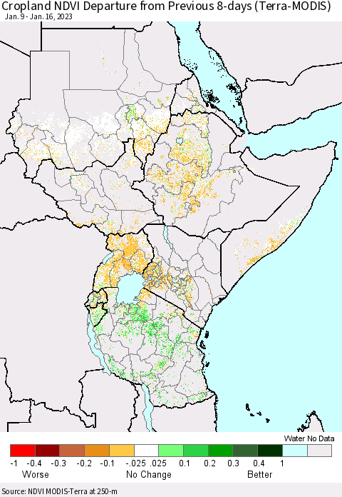 Eastern Africa Cropland NDVI Departure from Previous 8-days (Terra-MODIS) Thematic Map For 1/9/2023 - 1/16/2023