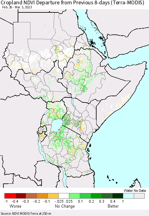 Eastern Africa Cropland NDVI Departure from Previous 8-days (Terra-MODIS) Thematic Map For 2/26/2023 - 3/5/2023
