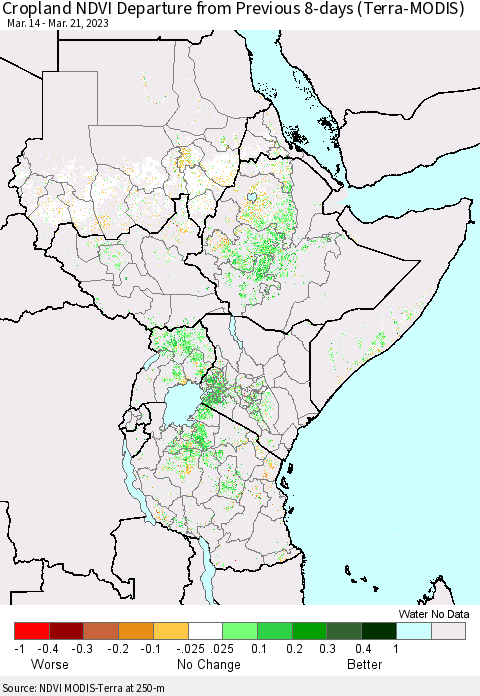 Eastern Africa Cropland NDVI Departure from Previous 8-days (Terra-MODIS) Thematic Map For 3/14/2023 - 3/21/2023