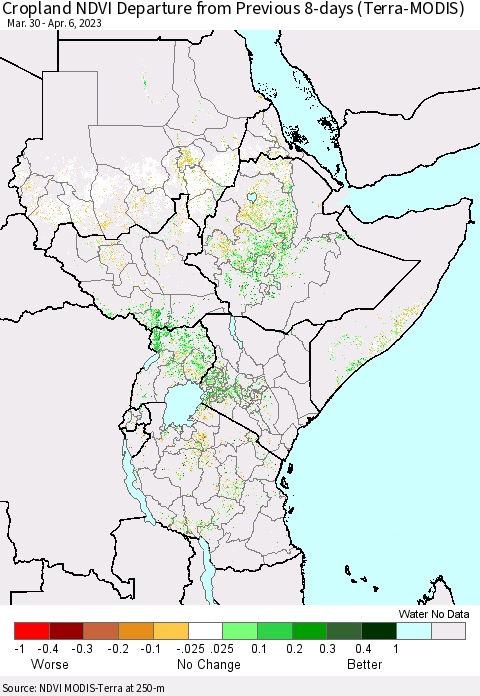 Eastern Africa Cropland NDVI Departure from Previous 8-days (Terra-MODIS) Thematic Map For 3/30/2023 - 4/6/2023