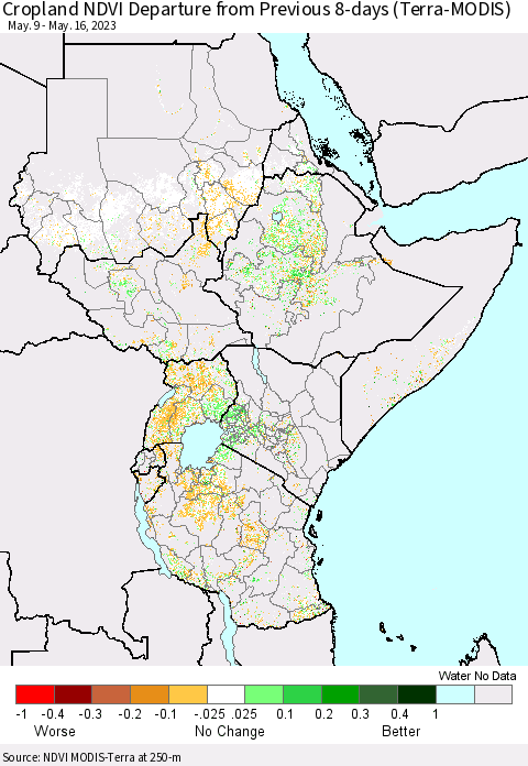 Eastern Africa Cropland NDVI Departure from Previous 8-days (Terra-MODIS) Thematic Map For 5/9/2023 - 5/16/2023