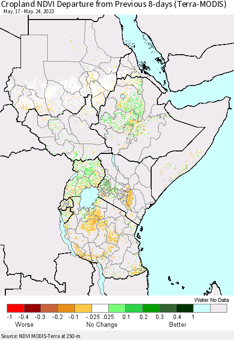 Eastern Africa Cropland NDVI Departure from Previous 8-days (Terra-MODIS) Thematic Map For 5/17/2023 - 5/24/2023