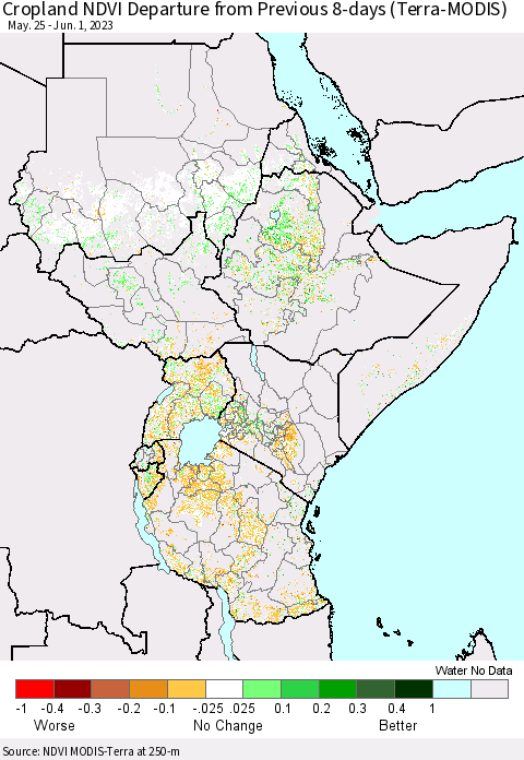 Eastern Africa Cropland NDVI Departure from Previous 8-days (Terra-MODIS) Thematic Map For 5/25/2023 - 6/1/2023