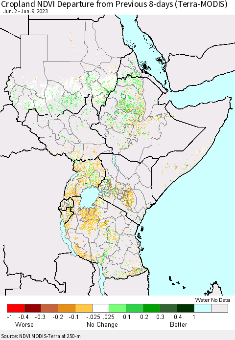 Eastern Africa Cropland NDVI Departure from Previous 8-days (Terra-MODIS) Thematic Map For 6/2/2023 - 6/9/2023