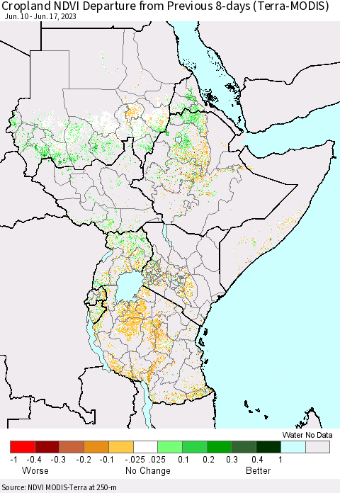 Eastern Africa Cropland NDVI Departure from Previous 8-days (Terra-MODIS) Thematic Map For 6/10/2023 - 6/17/2023