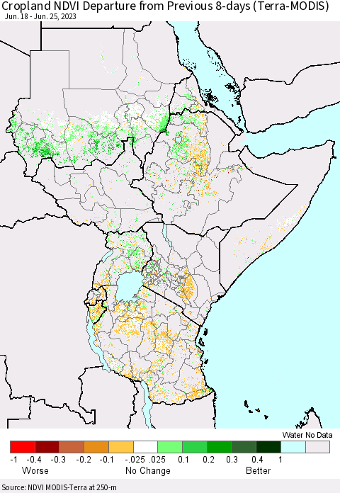 Eastern Africa Cropland NDVI Departure from Previous 8-days (Terra-MODIS) Thematic Map For 6/18/2023 - 6/25/2023