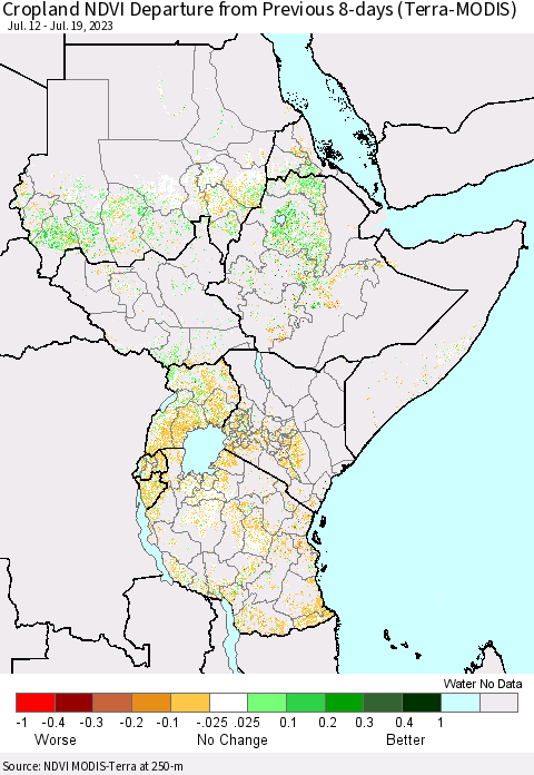 Eastern Africa Cropland NDVI Departure from Previous 8-days (Terra-MODIS) Thematic Map For 7/12/2023 - 7/19/2023