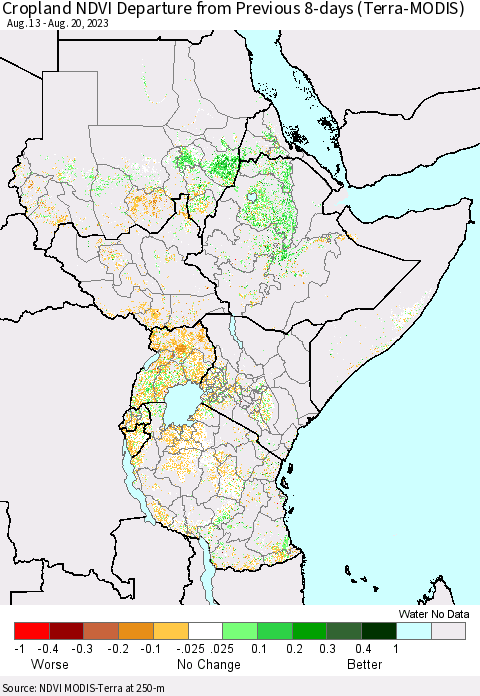 Eastern Africa Cropland NDVI Departure from Previous 8-days (Terra-MODIS) Thematic Map For 8/13/2023 - 8/20/2023
