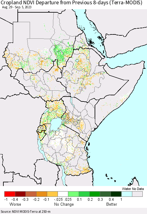 Eastern Africa Cropland NDVI Departure from Previous 8-days (Terra-MODIS) Thematic Map For 8/29/2023 - 9/5/2023