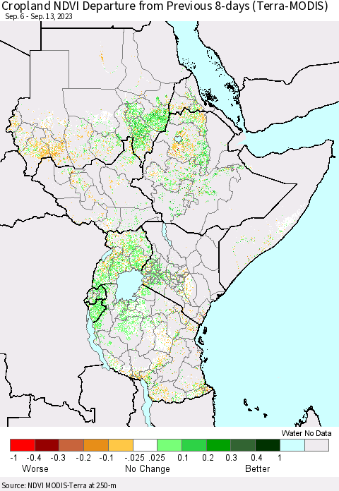 Eastern Africa Cropland NDVI Departure from Previous 8-days (Terra-MODIS) Thematic Map For 9/6/2023 - 9/13/2023