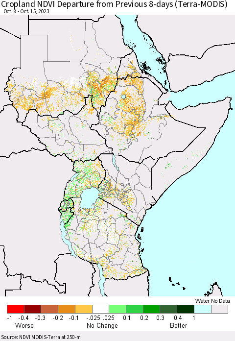 Eastern Africa Cropland NDVI Departure from Previous 8-days (Terra-MODIS) Thematic Map For 10/8/2023 - 10/15/2023