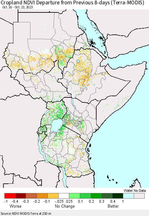 Eastern Africa Cropland NDVI Departure from Previous 8-days (Terra-MODIS) Thematic Map For 10/16/2023 - 10/23/2023