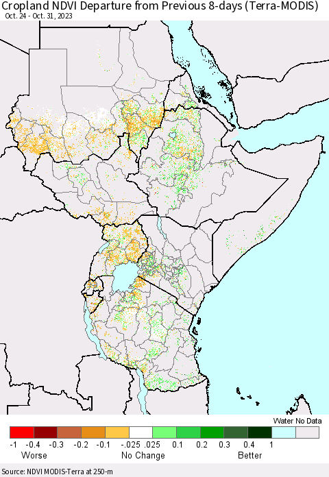 Eastern Africa Cropland NDVI Departure from Previous 8-days (Terra-MODIS) Thematic Map For 10/24/2023 - 10/31/2023