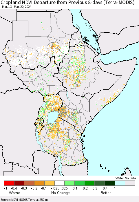 Eastern Africa Cropland NDVI Departure from Previous 8-days (Terra-MODIS) Thematic Map For 3/13/2024 - 3/20/2024