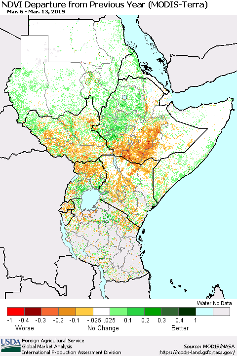 Eastern Africa NDVI Departure from Previous Year (Terra-MODIS) Thematic Map For 3/11/2019 - 3/20/2019