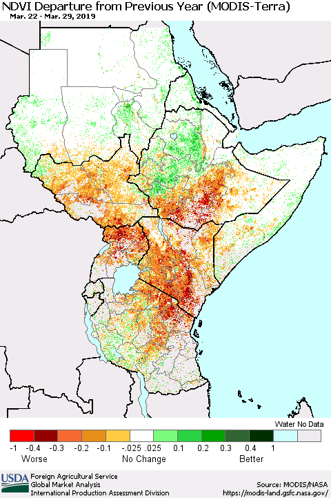 Eastern Africa NDVI Departure from Previous Year (Terra-MODIS) Thematic Map For 3/21/2019 - 3/31/2019
