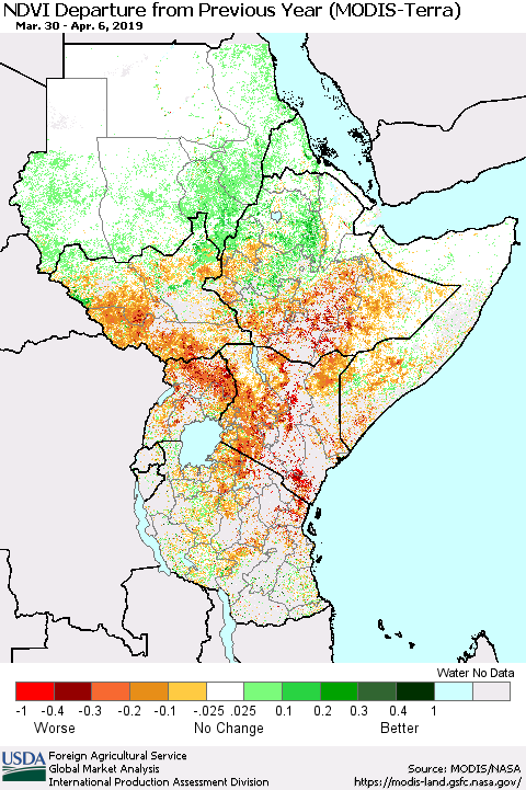 Eastern Africa NDVI Departure from Previous Year (Terra-MODIS) Thematic Map For 4/1/2019 - 4/10/2019