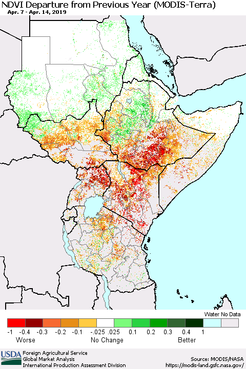 Eastern Africa NDVI Departure from Previous Year (Terra-MODIS) Thematic Map For 4/11/2019 - 4/20/2019