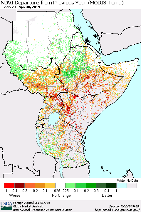 Eastern Africa NDVI Departure from Previous Year (Terra-MODIS) Thematic Map For 4/21/2019 - 4/30/2019