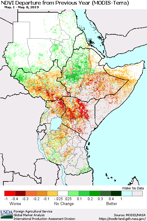 Eastern Africa NDVI Departure from Previous Year (Terra-MODIS) Thematic Map For 5/1/2019 - 5/10/2019