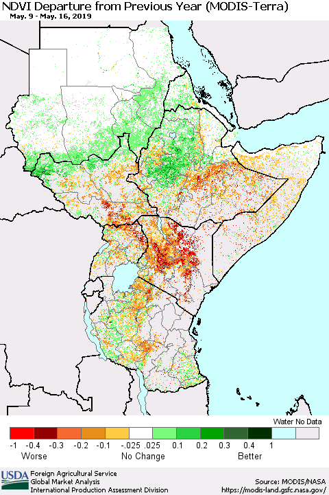 Eastern Africa NDVI Departure from Previous Year (Terra-MODIS) Thematic Map For 5/11/2019 - 5/20/2019
