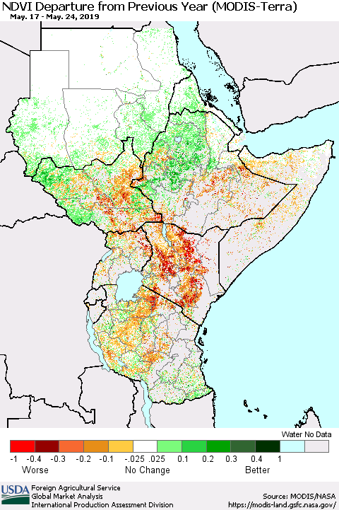 Eastern Africa NDVI Departure from Previous Year (Terra-MODIS) Thematic Map For 5/21/2019 - 5/31/2019