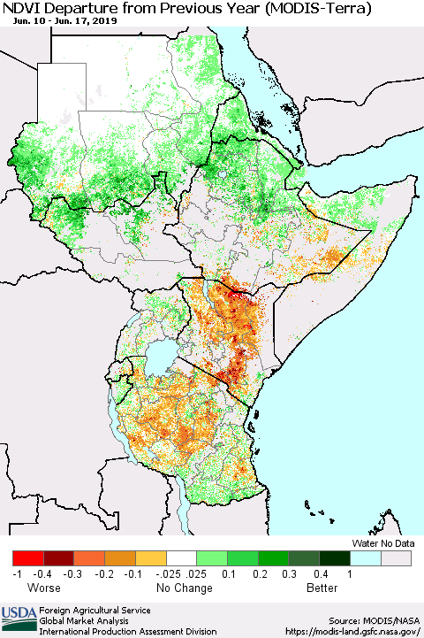 Eastern Africa NDVI Departure from Previous Year (Terra-MODIS) Thematic Map For 6/11/2019 - 6/20/2019