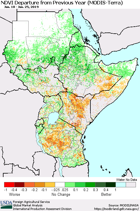 Eastern Africa NDVI Departure from Previous Year (Terra-MODIS) Thematic Map For 6/21/2019 - 6/30/2019