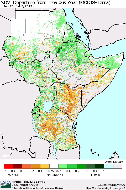 Eastern Africa NDVI Departure from Previous Year (Terra-MODIS) Thematic Map For 7/1/2019 - 7/10/2019