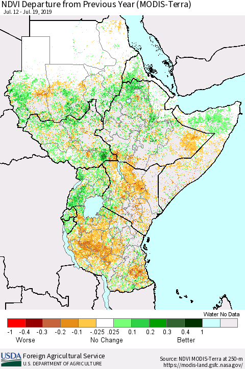 Eastern Africa NDVI Departure from Previous Year (Terra-MODIS) Thematic Map For 7/11/2019 - 7/20/2019
