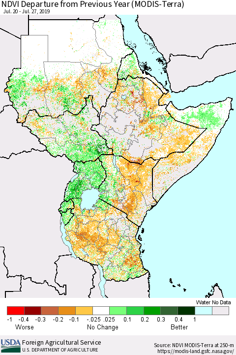 Eastern Africa NDVI Departure from Previous Year (Terra-MODIS) Thematic Map For 7/21/2019 - 7/31/2019